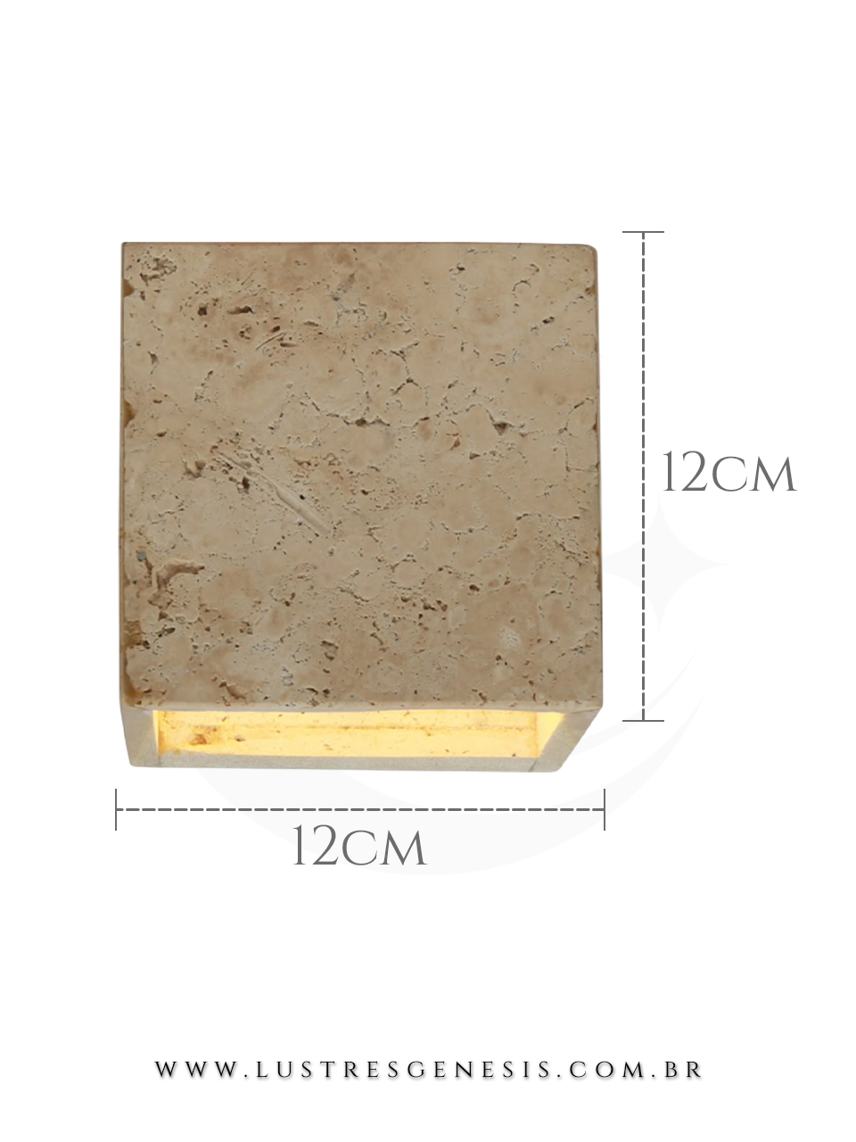 Lumin&aacute;ria de parede quadrada em pedra rocha travertino 12x12cm, modelo arandela Bellagio, ideal para cabeceira de cama, lavabos e hall.